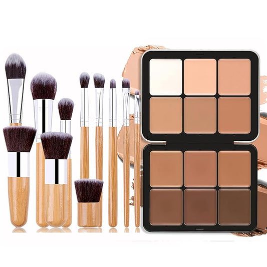 Cream Concealer Contour Palette, 12 Colors Foundation Palette Cream Makeup Palette with 11 Pcs Makeup Brush Set, Long Wearing Blendable Full Coverage