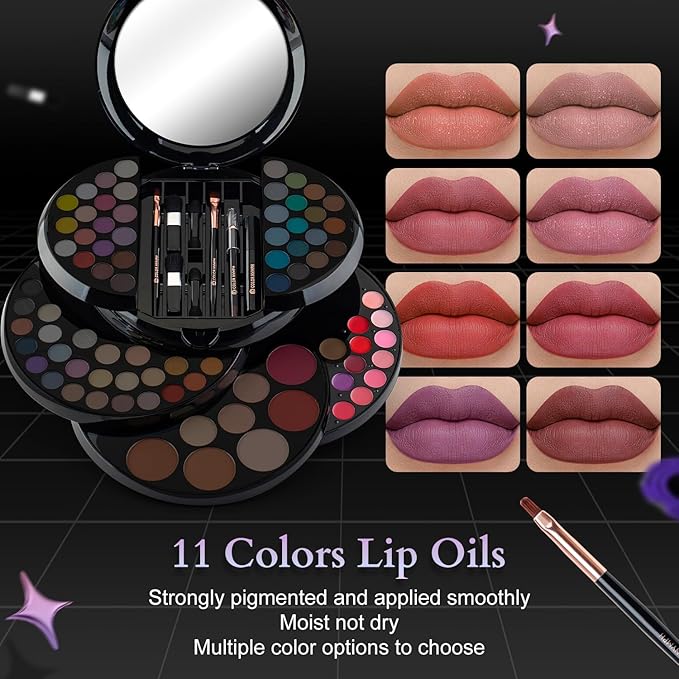 Color Nymph Makeup Kit For Teen Girls, Ball Case Full Kit Makeup Kit For Beginner Practice Professional Makeup Set with 60 colors eyeshadows, 11 colors lip glosses, Highlighter Bronzer Mascara etc