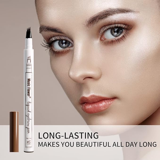 Music Flower Eyebrow Pen, Liquid Eyebrow Pen, Waterproof Brow Pencil with Micro-Fork Tip, Smudgeproof Long Lasting Fine Sketch Microblading Pen, Reddish Brown