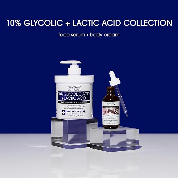 Advanced Clinicals Exfoliating 10% Glycolic Acid Serum For Face + Lactic Acid | Facial Exfoliant AHA + Salicylic Acid Serum To Improve Look Of Large Pores, Uneven Skin Tone, & Dark Spots, 1.75 FL Oz