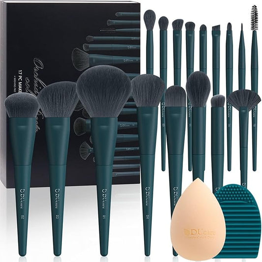 DUcare 17Pcs Professional Makeup Brush Set Complete Kit with Brush Cleaning Mat and Makeup Sponge, Ideal for Foundation, Eyeshadow, Liquid Cream, Gift Box Set