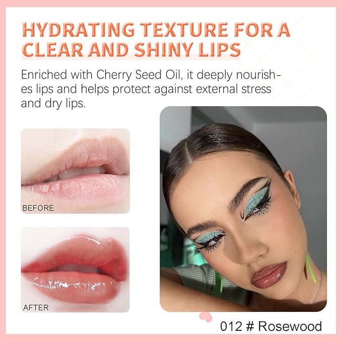 Hydrating Lip Glow Oil, Plumping Watery Lip Gloss, Refreshing Moisturizing Lip Oil Tinted Lip Balm, Lasting Nourishing Revitalizing Lip Tint Lip Care (12# Rosewood)