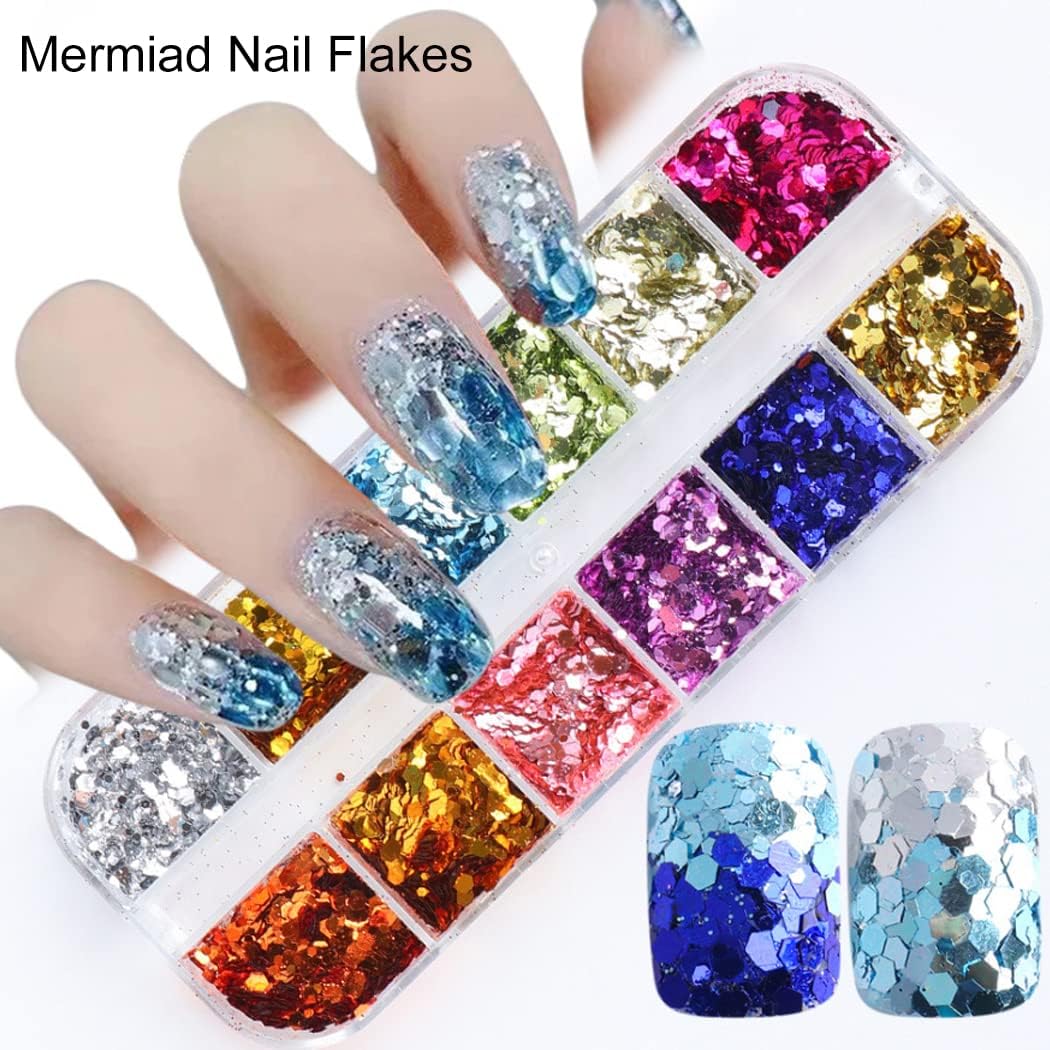 2 Boxes 24 Colors Chameleon Holographic Glitter Mermaid Nail Art Sequins 3D Flakes Laser Gradient Nail Glitter Design Shiny Glitters Powder Accessories for Women Manicure DIY Decorations