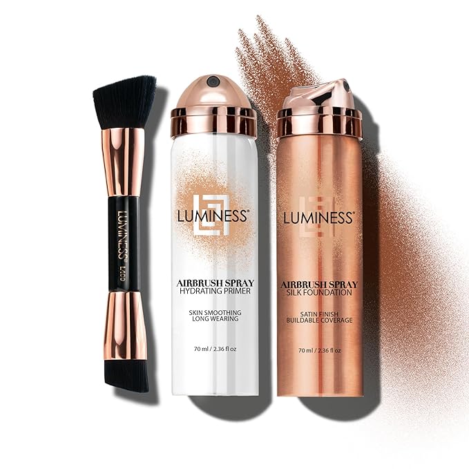 LUMINESS Airbrush Spray Silk Foundation Starter Kit - Light Rich - Foundation, Primer & Dual-Sided Angled Buffing Brush - Medium, Buildable Coverage, Anti-Aging Formula Hydrates & Moisturizes
