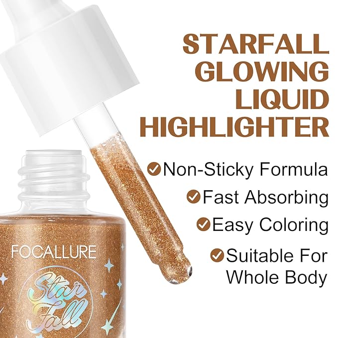 FOCALLURE Starfall Glowing Liquid Highlighter, Shimmering Body Oil, Non-Sticky Shimmer Liquid Luminizer, Non-Greasy, Face & Body Glitter Makeup for Costumes, Cosplay, Rave Festival, BRONZE CRAZE