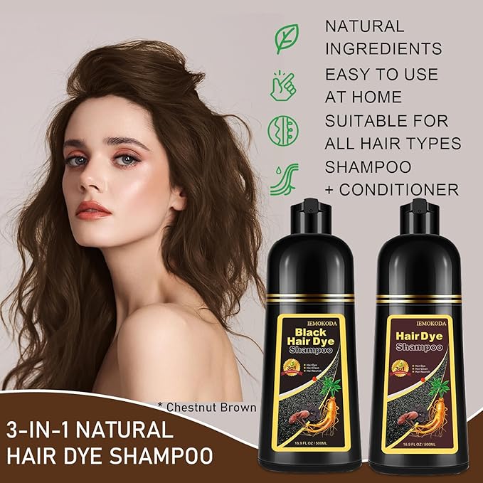 Chestnut Brown Hair Dye Shampoo 3-in-1, Instant & Long-lasting Hair Color Shampoo in Minutes, Gray Hair Coverage for Men & Women, Natural Shampoo Hair Dye for All Hair Types