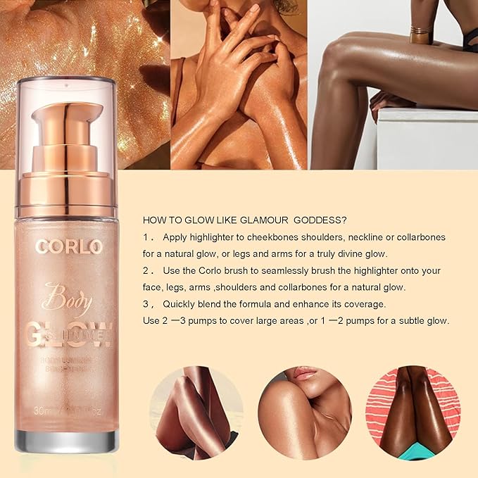 Corlo Body Shimmer Oil Liquid Glitter Face Luminizer Glow Highlighter Waterproof Long Lasting Moisturizing Luminizer FaceProm Party Makeup Brush Include(Rose Gold, Body Oil)