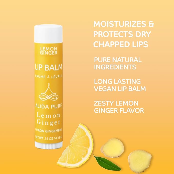 Lemon Ginger Lip Balm Collection, Vegan Lip Balm Set, Bees Wax Free, with Avocado Oil, Organic Jojoba Oil, Vitamin E, Natural Moisturizer For Dry, Cracked, or Chapped Lips, 3 Tube Set
