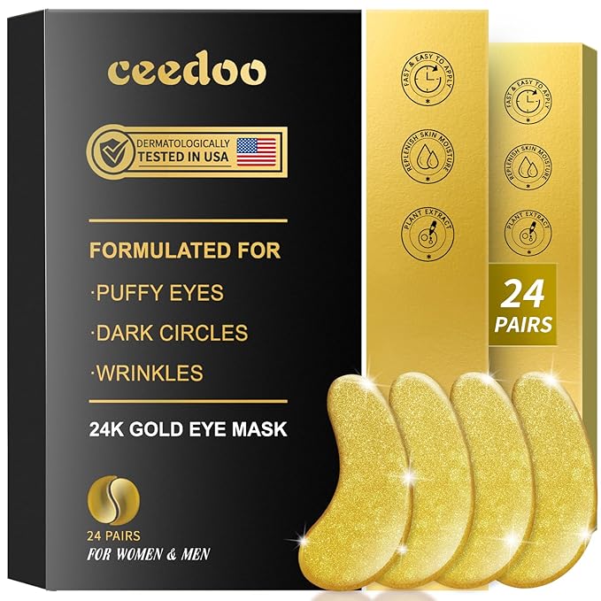 Eye Gel Pads - 24 Pairs Golden Under Eye Patches with Collagen & Hyaluronic Acid, Anti-Aging Eye Mask for Puffiness, Dark Circles & Wrinkles, Relieve, Refreshing & Revitalize Skin