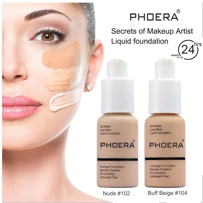 2 Pcs Phoera Foundation Makeup 102 and 104 Liquid Full Coverage 24HR Matte Oil Control Foundation Makeup Concealer (Nude & Buff Beige) with Kabuki Foundation Brush Flat Top