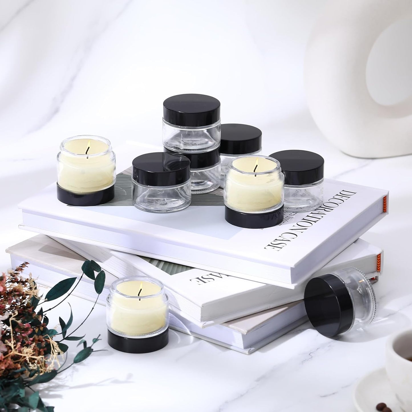 Domensi 100 Pcs 1 oz Glass Jars with Lids Bulk Round Glass Cosmetic Jars Lids 1 oz Small Travel Containers with Inner Liner for Lotions Powders Ointments Sample Cream(Clear, Black)