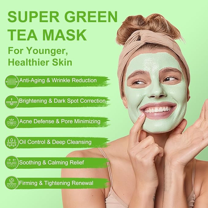 TJE Green Tea Clay Mask, Green Tea Cleanse Face Mask, Deep Pore Cleansing Mask, Moisturizing & Purifying, Remove Blackheads & Acne for All Skin Types