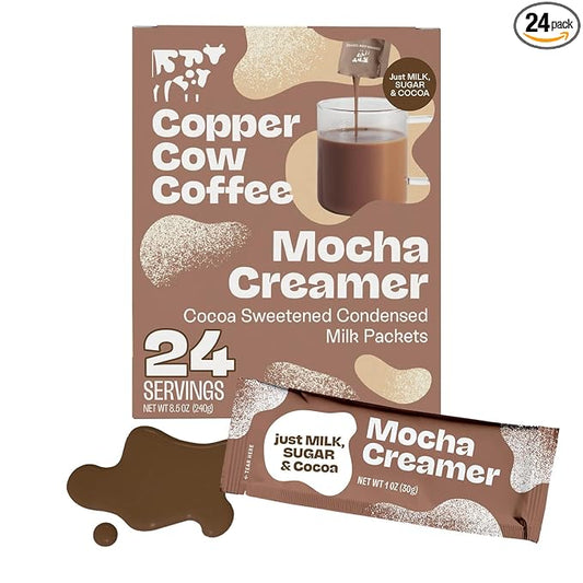 Copper Cow Coffee Sweetened Mocha Milk Creamer Singles (24 pack) | Vietnamese Inspired Coffee Creamer, All Natural Creamer Packets for Pour Overs & Lattes | No Refrigeration Needed