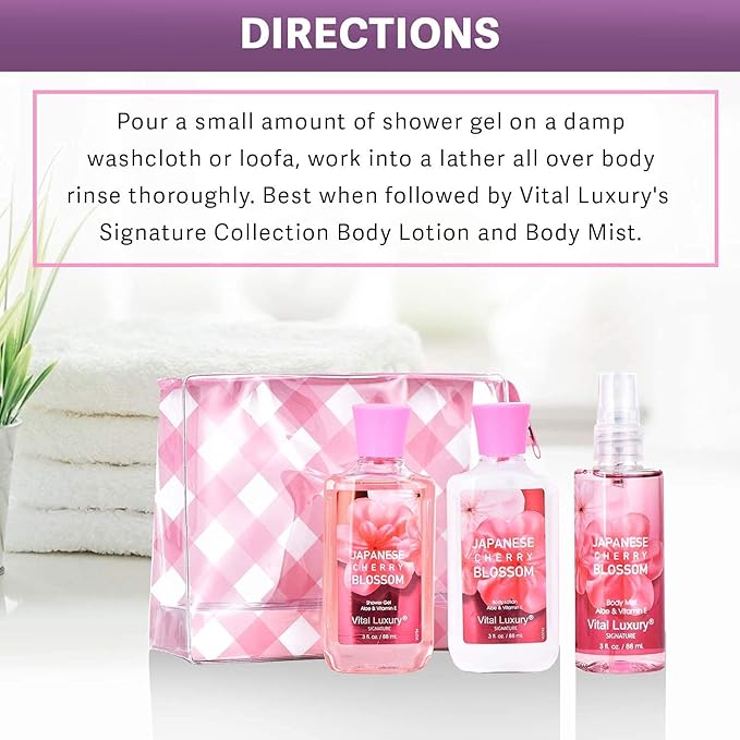 Bath & Body Care Travel Set - Home Spa Set with Body Lotion, Shower Gel and Fragrance Mist (Japanese Cherry Blossom)
