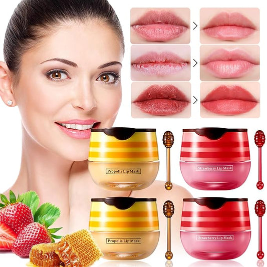 4 PCS Bee Honey Lip Balm Honey Pot, Strawberry & Bee Honey Lip Mask, Reduces Lip Lines, Hydrate & Moisturizing Lip Skin Care, Prevention Dry Cracked Lips, Bee Honey Lip Balm for Lip Repair Treatment