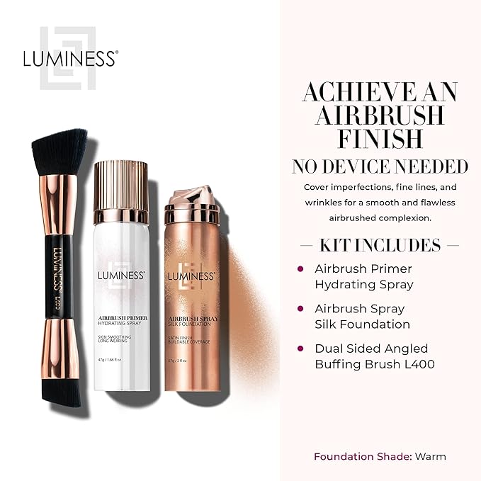 LUMINESS Airbrush Spray Silk Foundation Starter Kit - Warm - Foundation, Primer & Dual-Sided Angled Buffing Brush - Medium, Buildable Coverage, Anti-Aging Formula Hydrates & Moisturizes