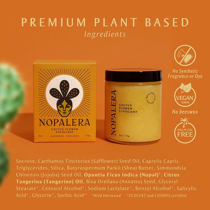 Nopalera Mandarina Cactus Flower Exfoliant - Face & Body Scrub, 3-in-1 Cleanser, & Moisturizer, Vegan, Cruelty-Free, Natural Citrus Scent, Dye Free, 6 oz.