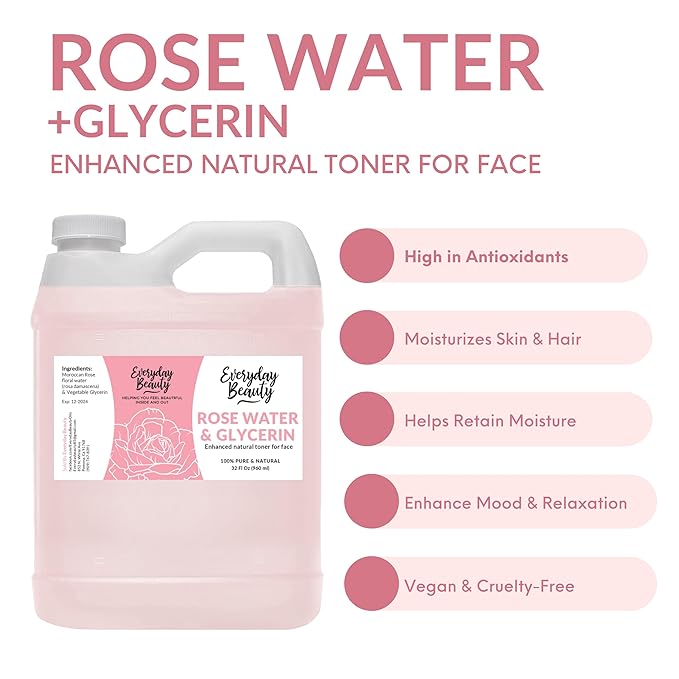 Rose Water & Glycerin Enhanced Facial Toner - 32oz Bulk Alcohol-Free Vegan All Natural Refreshing for Face and Hair - Uplifts, Calming & Soothing for All Skin Types…