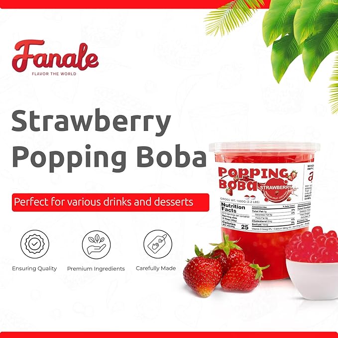 Fanale Strawberry Popping Boba Pearls, Vegan, Non GMO, Gluten Free, Fat Free, Perfect for Bubble Tea, Smoothies, Ice Cream, Desserts, and Beverages.