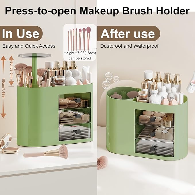 DASITON Makeup Organizer with 3 Drawers,Automatic Lifting Makeup Brush Holder with Lid,Large Capacity Makeup Organizers for Vanity,Bathroom Countertop,Ideal Storage Skin Care,Brushes,Lipstick (Green)