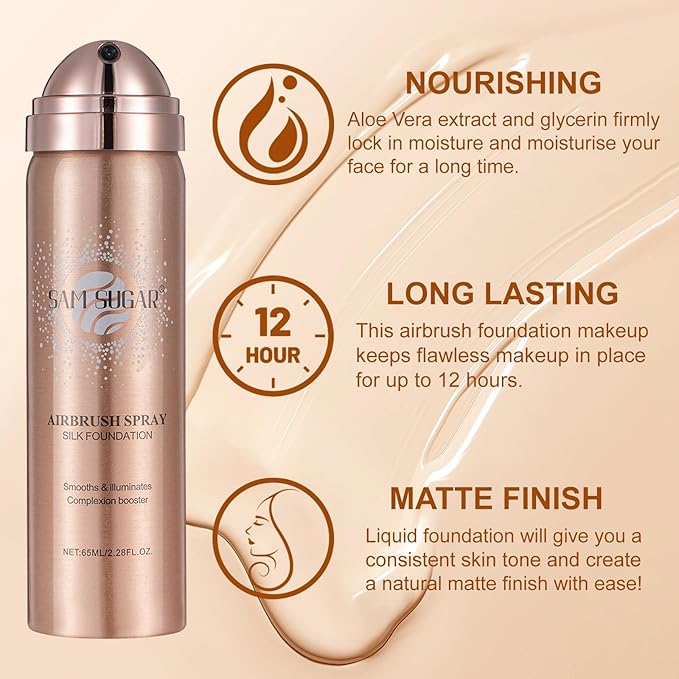 AirBrush Foundation Spray Set, Spray Foundation Makeup and Hydrating Face Primer Kit, Longwear Waterproof Liquid Matte Foundation Mist for Flawless Look, Brush and Sponge Include (#5 Warm Honey)
