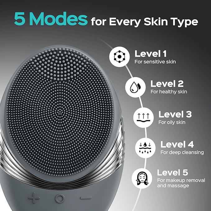 COSLUS Silicone Face Scrubber for Men: 5 Cleansing Modes Facial Cleansing Brush for Beard Care, Sensitive Skin - Deep Cleansing & Gentle Exfoliating, Waterproof Portable for Shower & Travel, Grey