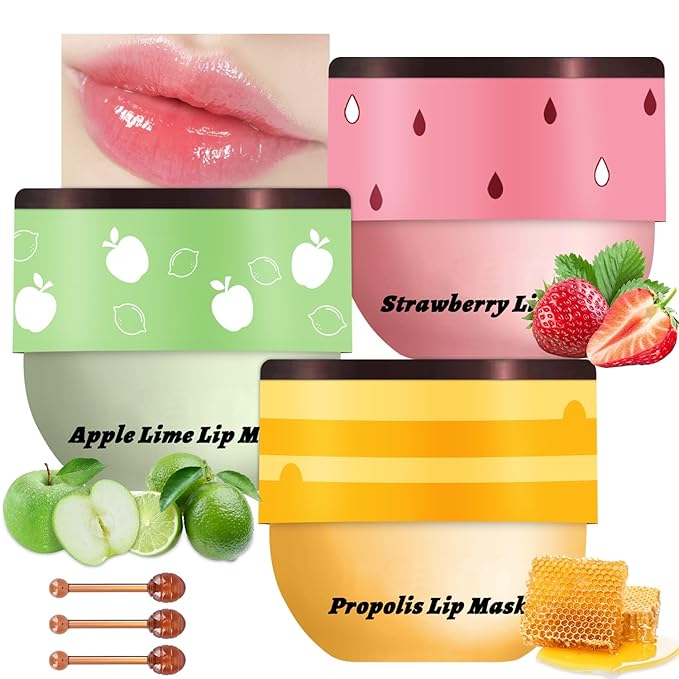 3 PCS Bee Lip Balm Honey Pot, Honey & Strawberry & Apple Lime Lip Mask Overnight Propolis Moisturizing Lip Balm Hydrating Prevention Dry and Crack Lip Scrubs Exfoliator Lip Wrinkle Care (Set A)
