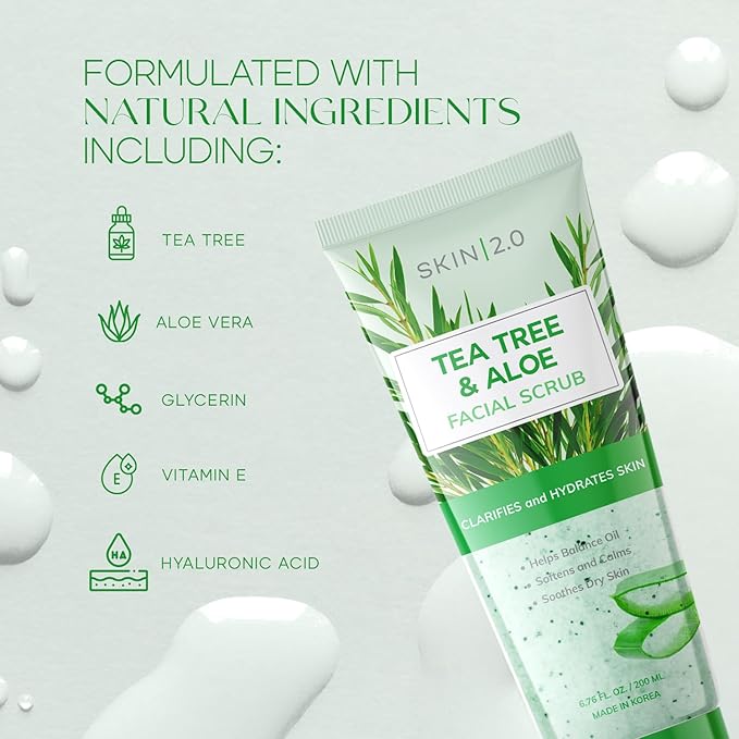 Tea Tree & Aloe Exfoliating Scrub - Dermatologist Tested, Multi-Tasking Cleanser, Clears Skin - Anti-Aging, Clean Beauty, Cruelty-Free Korean Skincare for All Skin Types - 6.76 Fl Oz / 200ML