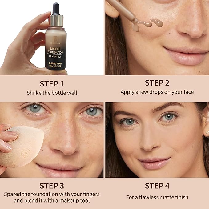 FV Full Coverage Liquid Foundation Makeup, Long Lasting Matte Foundation with Flawless Finish, Concealing & Minimizing Pores, Oil Control Waterproof for Oily Combination Skin, 1 Fl. Oz(Classic Ivory)