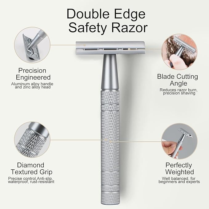 Double Edge Safety Razor with Stand, Single Blade Razors for Men and Women, Reusable Metal De Razor, Men's Safety Shaving Razors with 10 Double Edge Blades, Smooth and Close Shave, Matte Silver