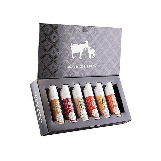 Dionis Goat Milk Lip Balm Deluxe Gift Box Set of 6 Vanilla, Coconut, Milk & Honey, Berry, Peppermint & Blood Orange Scented Chapstick - Shea Butter & Coconut Oil Gifts For Her, Protect & Restore Lips