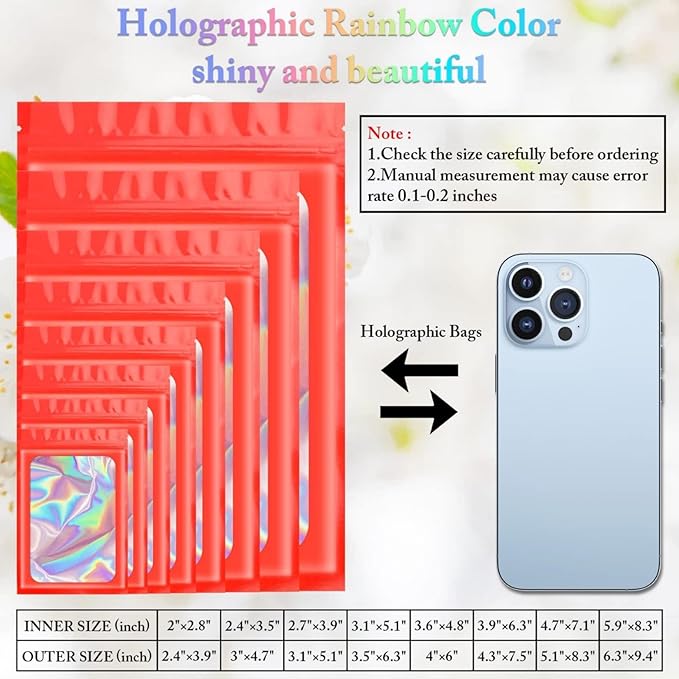 ANZNKU 100 Pcs Smell Proof Mylar Resealable Bags, Holographic Packaging Bags, Resealable Odor Foil Pouch Zip Bags with Clear Window for Food Storage and Lipgloss, Jewelry Lash (Red, 3.9 x 7.1 Inch)