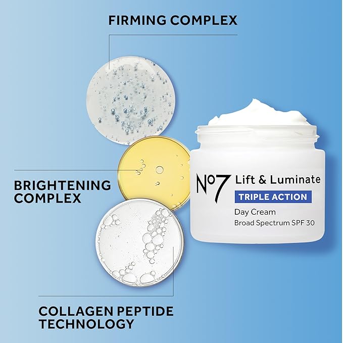 No7 Lift & Luminate Triple Action Face Cream - Fragrance Free Face Moisturizer with SPF 30 - Formulated with Anti Aging Collagen Peptides & Brightening Complex (2 Pack)