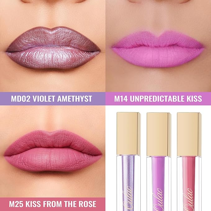 Oulac Matte Lipstick Metallic Lipstick Set for Women, Long Lasting Dual-UseLiquid Lipstick High Impact Lip Color Full Coverage Lip Makeup with Vitamin E Waterproof Formula,Vegan M14+M25+MD02