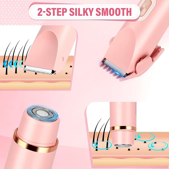 Women's Bikini Trimmer, 2-in-1 Electric Shaver for Bikini Line, Legs, Underarms, Face - Waterproof Women's Electric Shaver for Sensitive Skin, USB Rechargeable (Purple) (Pink)