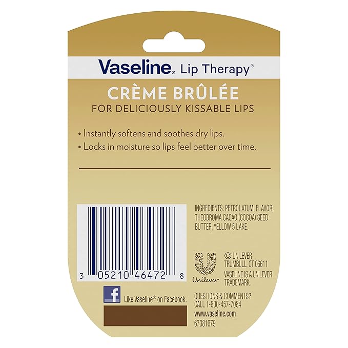 Vaseline Lip Therapy Creme Brulee Mini, White Petrolatum, Advanced Moisturizer, Relieves Dull and Dry Skin, Mini Vaseline Petroleum Jelly, Soft & Smooth Vaseline Lips (Pack of 6-0.25 Oz Ea) 