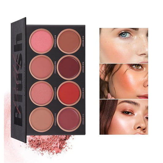 8 Colors Blush Palette, 4 Dry Powders + 4 4 Blush Creams, Contour and Highlight Blush Palette for Cheek and Eye Makeup Long-Lasting Pigment Lightweight Professional Blush Palette(1, pink, Large)