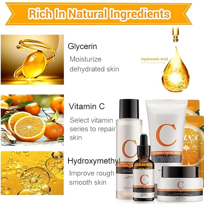 Vitamin C Skin Care Sets, 6Pcs Skin Care Products Set, Skin Care Gift Set for Women Girls, Hydrating Skincare Routine Set, Face Care Kit Includes Cleanser, Mask, Face Serum, Toner, Cream