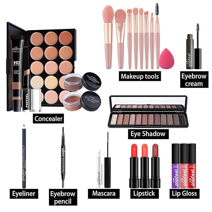 All-in-one Makeup Set Holiday Gift | Full Makeup Kit for Women Essential Starter Bundle Include Eyeshadow Palette Lipstick Blush Cream Concealer Face Powder Eyeliner Mascara Lipgloss Brush