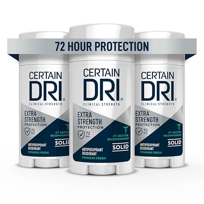 Certain Dri Extra-Strength Clinical Antiperspirant Solid - Maximum Sweat & Odor Protection for Men & Women - 72-Hr Hyperhidrosis Treatment w/ 12% Aluminum Chloride - Powder Fresh Scent - 1.7 oz - 3-Pk