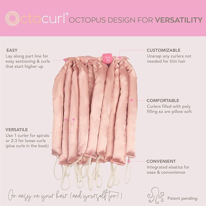 Octocurl Heatless Hair Curler - No Headband Octopus Curler - Overnight Curls for Short Hair (Satin - Pink)