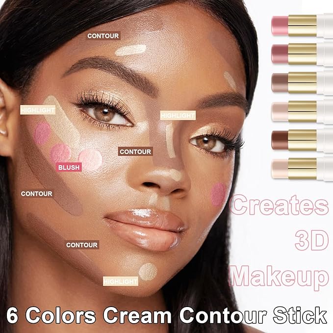 6 Colors Cream Contour Stick Makeup Contour Kit,Double-ended Cream Bronzer Stick for Sculpt, Highlighter Stick,Cream Blush Stick,Lightweight Contour Makeup Kit, Matte & Dewy Finish (SET A)