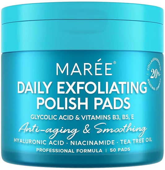 MAREE Glycolic Acid Pads - Toner Pads for Face Cleansing - Exfoliating Pad with Tea Tree Oil, Salicylic Acid & Vitamins E, B3, B5 - Facial Polishes & Peels, Skin Pore Resurfacing & Radiance - 50 Count