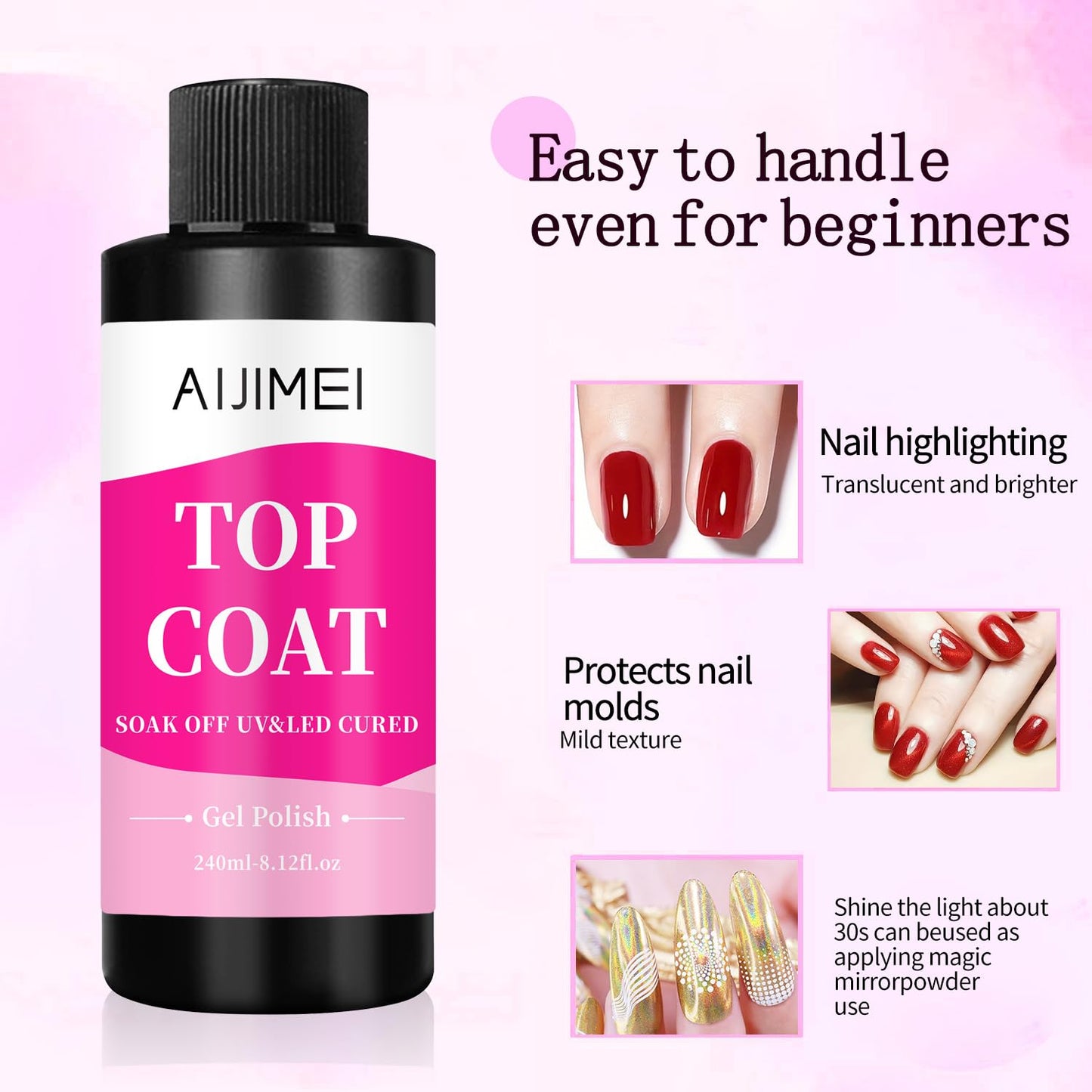 AIJIMEI Top Coat Nail Polish Premium 240ml Gel Top Coat – Long Lasting, Top Coat for Gel Nail Polish – Nail Art Topcoat for Salon-Grade Nails at Home 8 Fl Oz