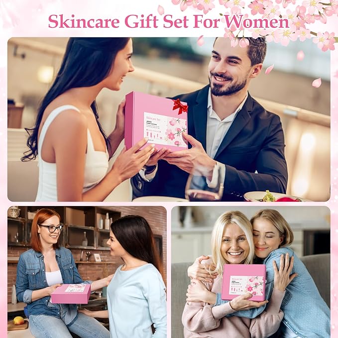 Skin Care Set, Cherry Blossom Skin Care Sets & Kits, Skin Care for Teenage Girls Gift Set with Cleanser, Toner, Serum, Eye Cream, Facial Cream, Facial Skin Care Sets & Kits for Teenage Girls Women