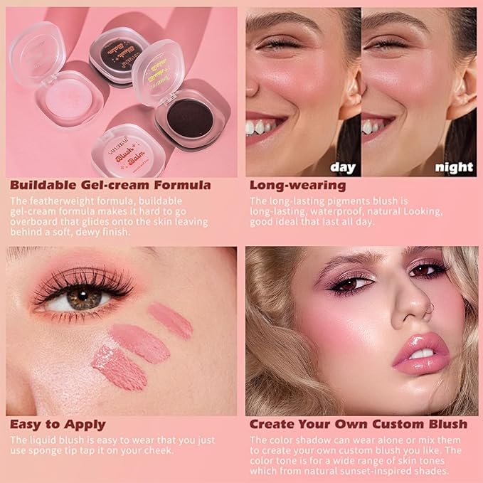 Color Changing Blush,3-in-1 Warm Change Blush,Pink Cream Blush,Transparent Crystal Color Changing Magic Gel,Blush PH Temperature Changing Long Lasting Blendable Natural Finish for All Skin Tone(01+02)