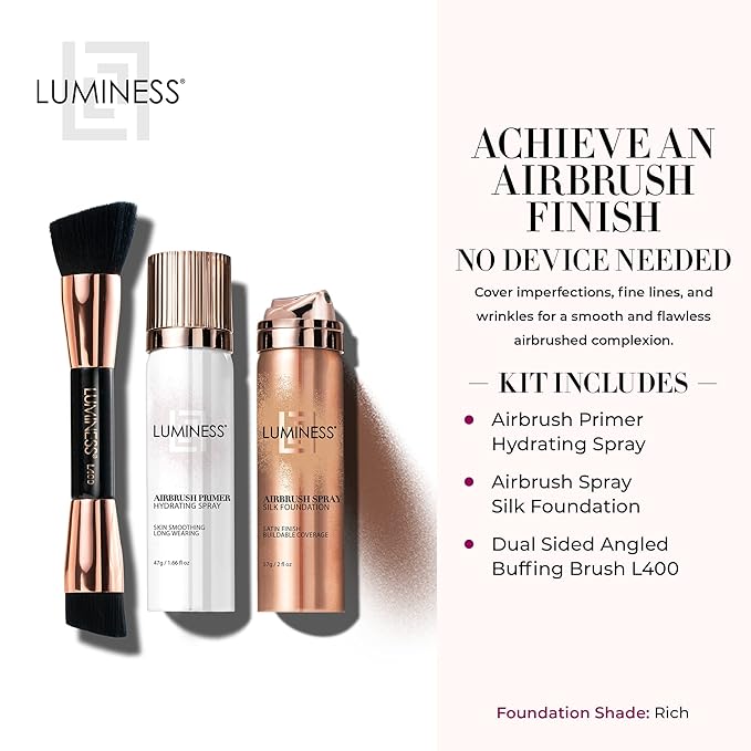 LUMINESS Airbrush Spray Silk Foundation Starter Kit - Rich - Foundation, Primer & Dual-Sided Angled Buffing Brush - Medium, Buildable Coverage, Anti-Aging Formula Hydrates & Moisturizes