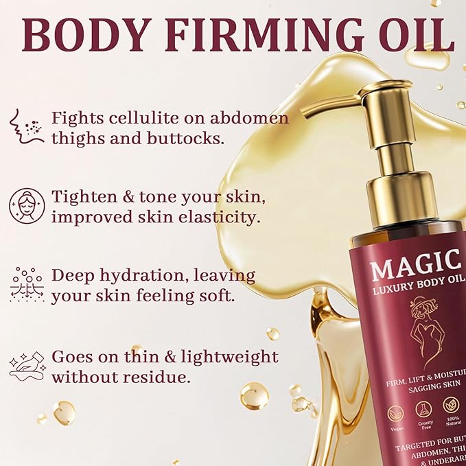 Magic Body Firming Oil, Luxury Body Oil for Crepe Skin, Tightening & Hydrating Body Oil After Shower with Vitamin E and Rosehip, Non-Greasy Body Serum Oil for Thighs, Arms, Chest, 100ML / 3.38 Fl Oz