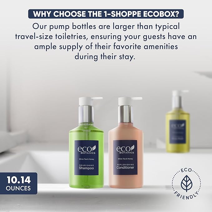 A 40 Piece Ecobox All-In-Kit of our Ecobotanics 10.14 oz. 300 ml Bottles-12 Shampoo, 8 Conditioners, 12 Body Wash & 8 Lotions