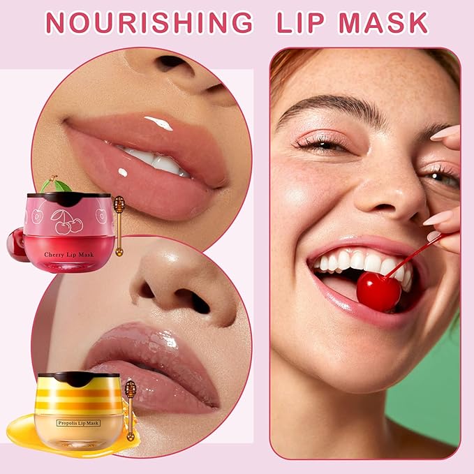 2PCS Bee Lip Balm Honey Pot Cherry Honey Lip Balm Sleeping Lip Mask Silky Hydrating Bee Lip Balm Honey Lip Mask Overnight Lip Care Products(Honey+Cherry)